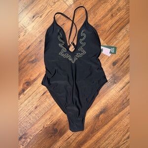 Black Criss Cross-Back One-Piece Swimsuit with Studded Design